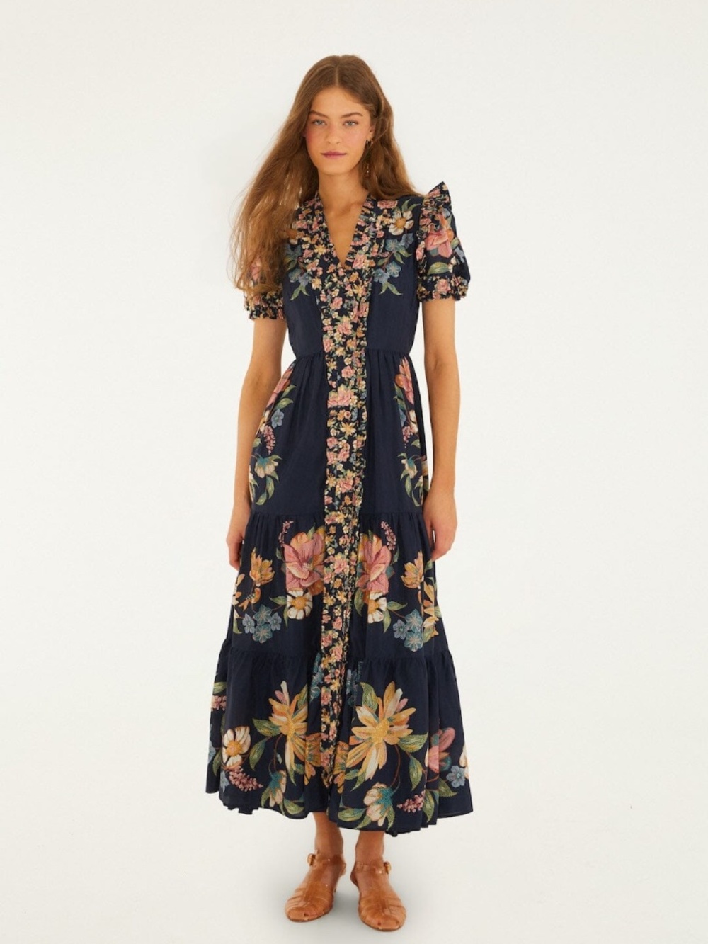 FARM Rio Dark Blue Maira Floral Short Sleeve Maxi Dress Size SMAIRA FLORAL DARK